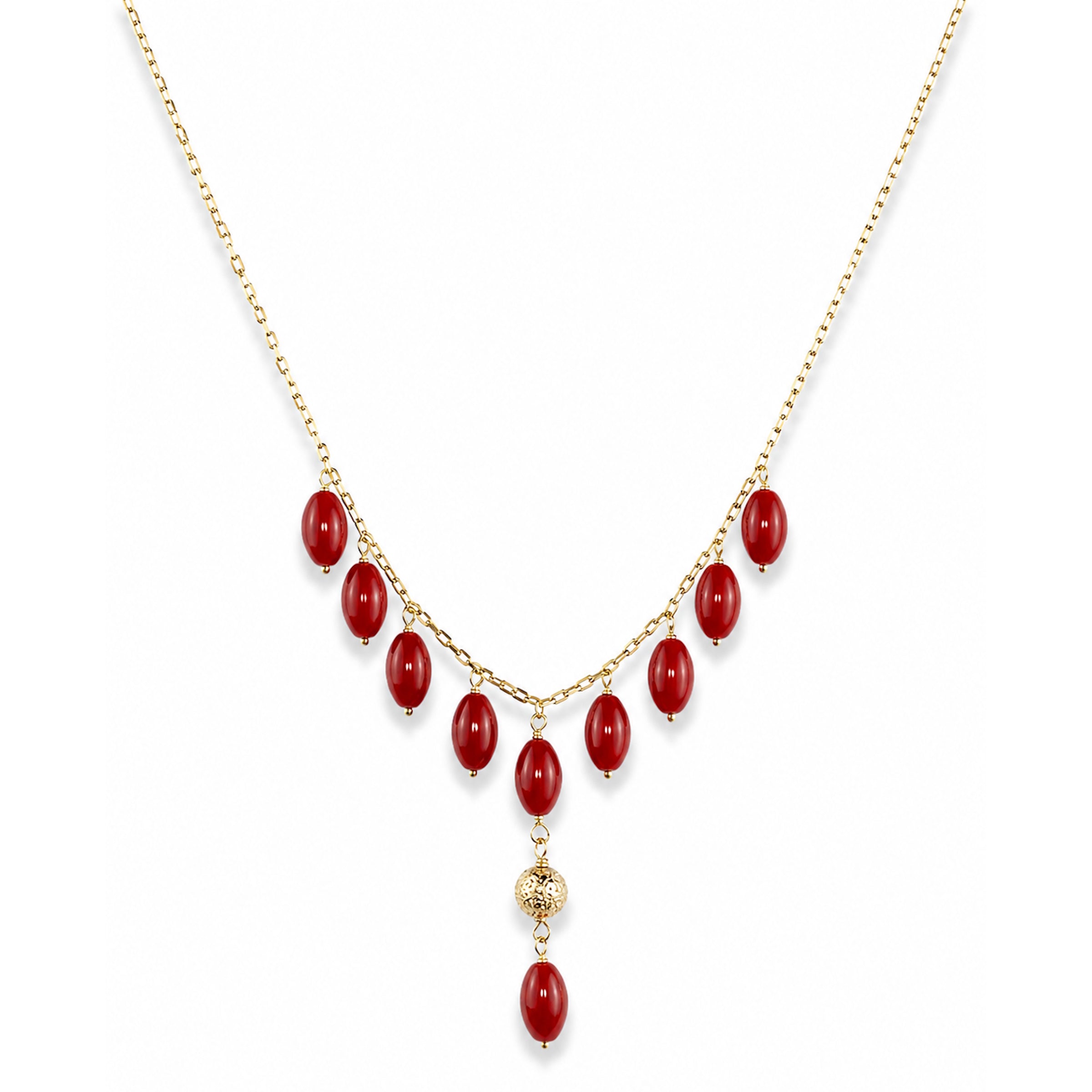 14k Red Coral, White Pearl, Garnet, Black Onyx or Malachite Gold Ball Drop Necklace