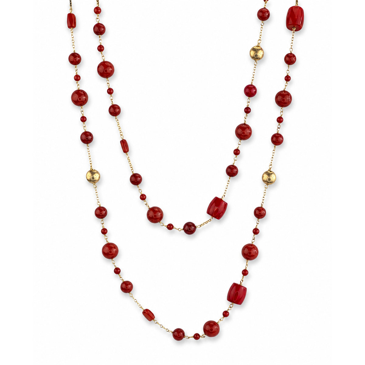 14k Red Coral Gold Coin Station Link Necklace