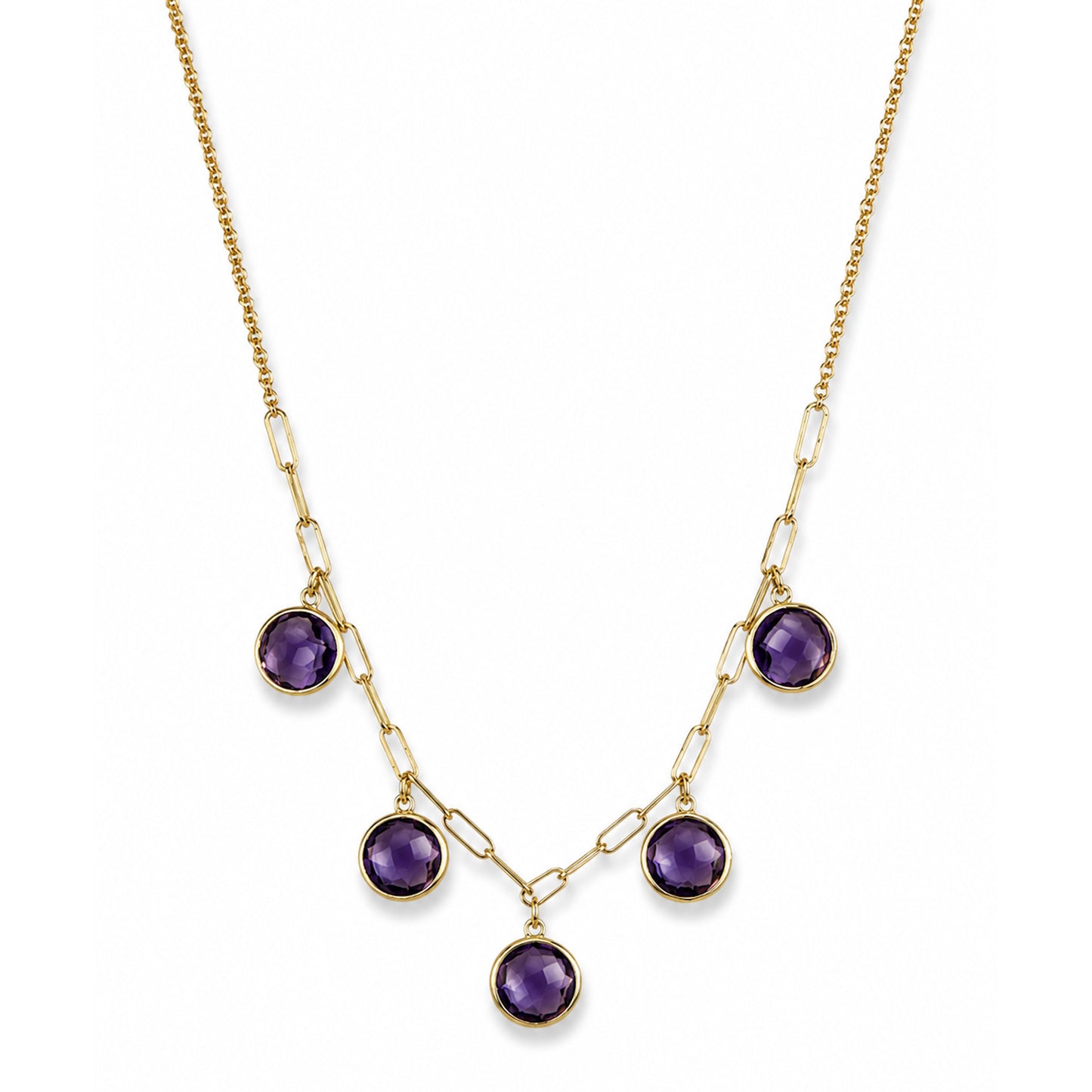 14k Amethyst 5 Round Bezel Drop Paperclip Necklace