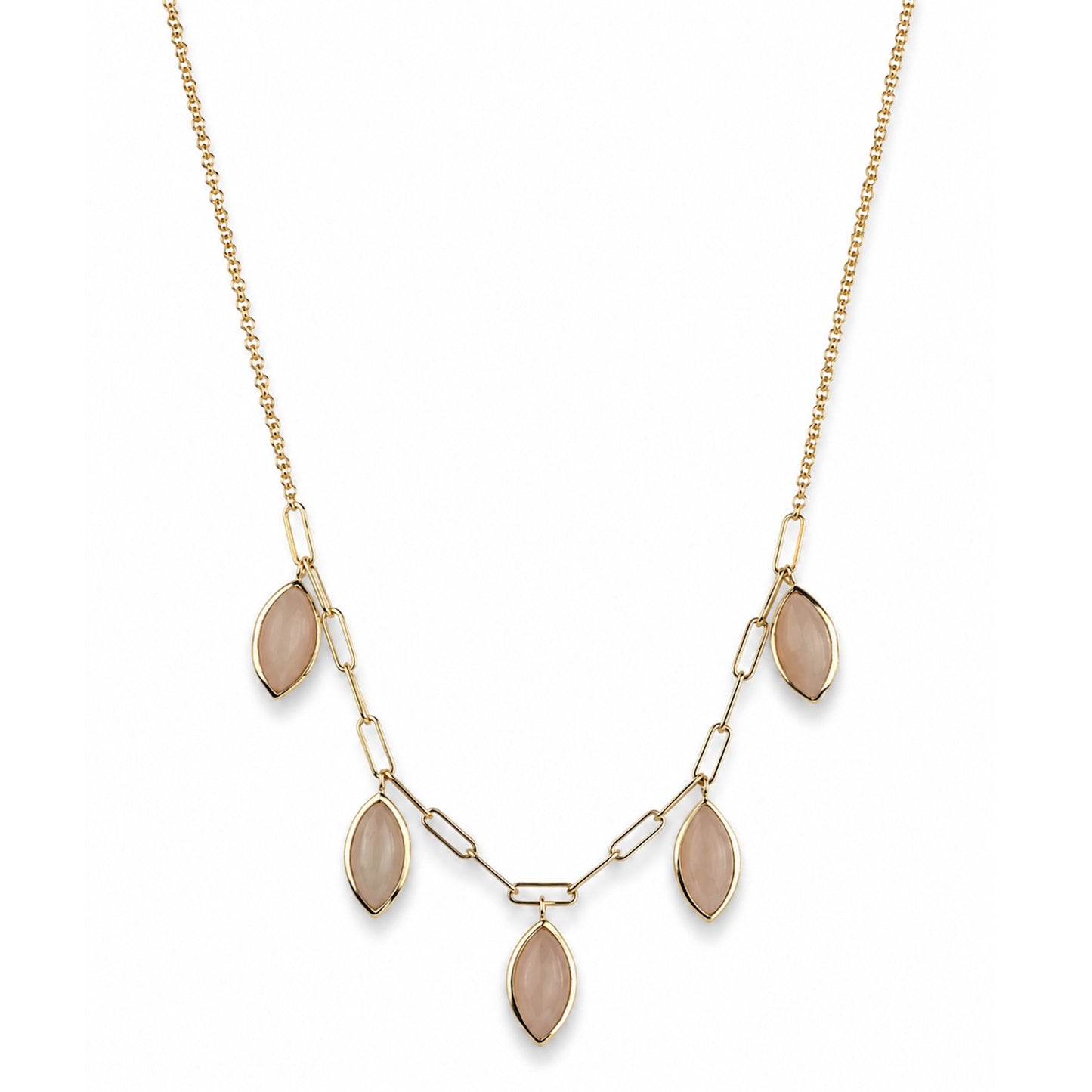 14k Peach Moonstone 5 Marquise Drop Paperclip Necklace