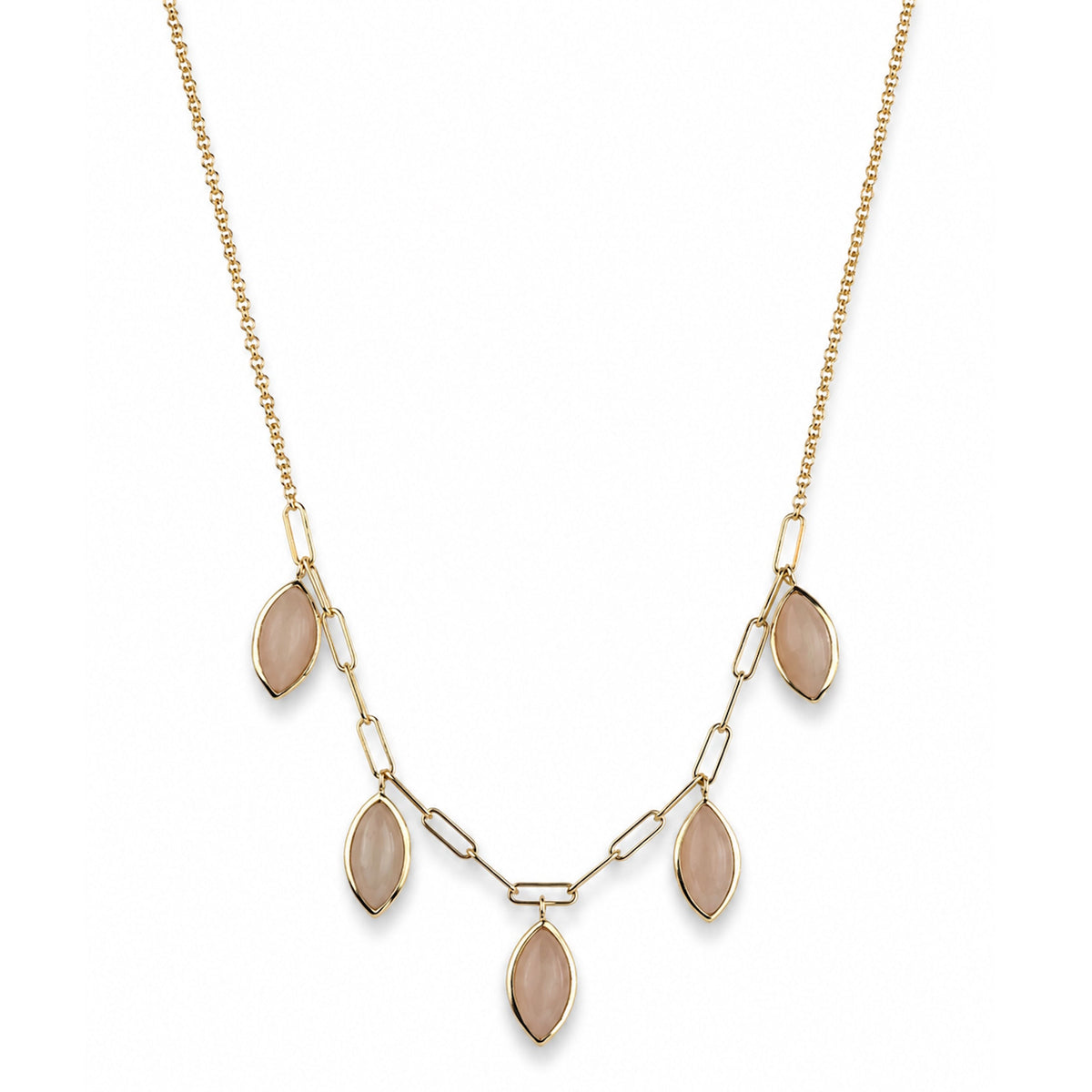 14k Peach Moonstone 5 Marquise Drop Paperclip Necklace