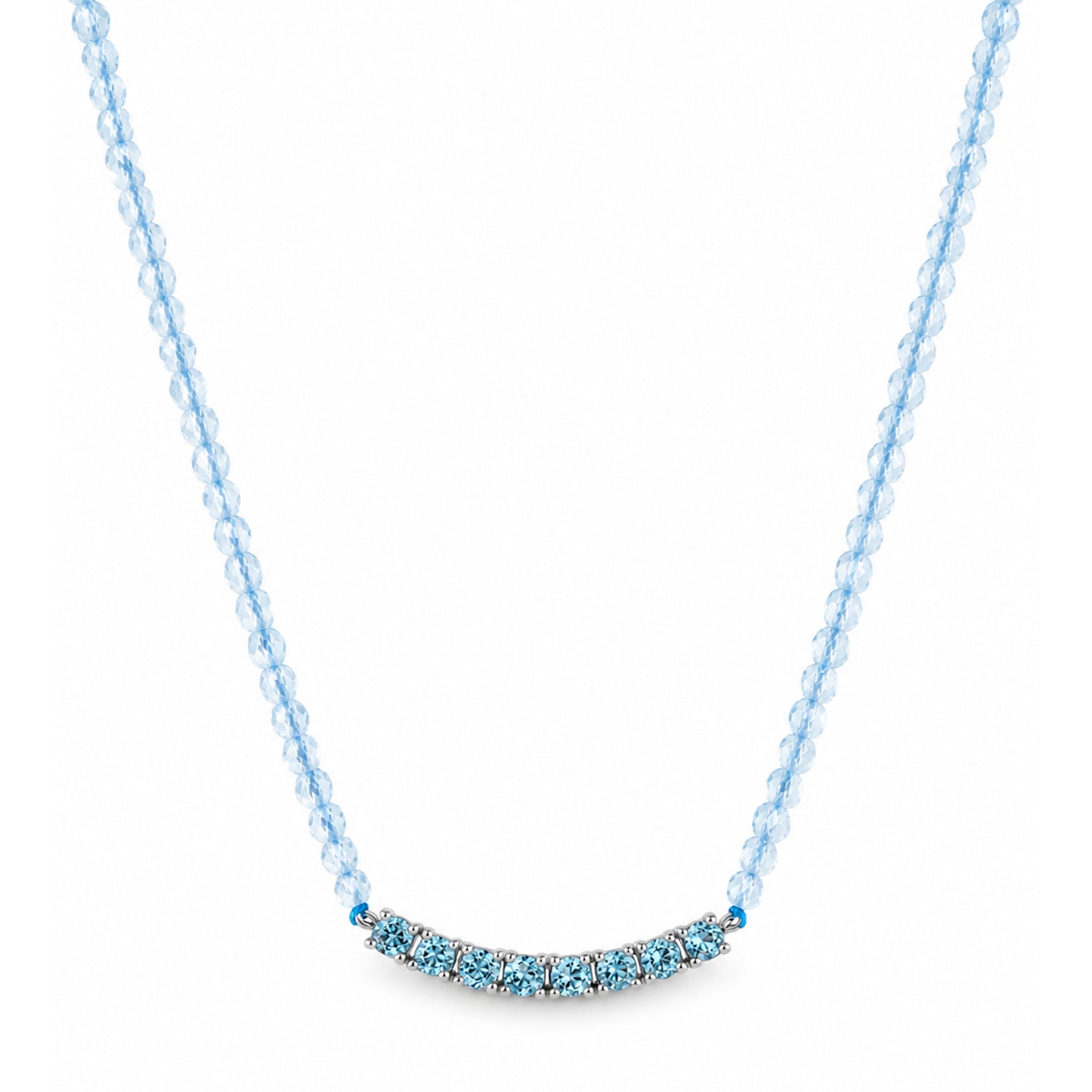 14k White Gold Blue Topaz with Swiss Blue Topaz Curved Bar Necklace