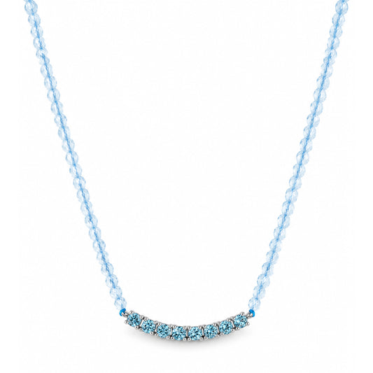 14k White Gold Blue Topaz with Swiss Blue Topaz Curved Bar Necklace