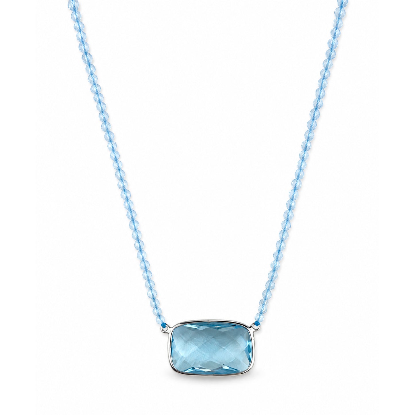 14k White Gold Blue Topaz with Cushion Center Necklace