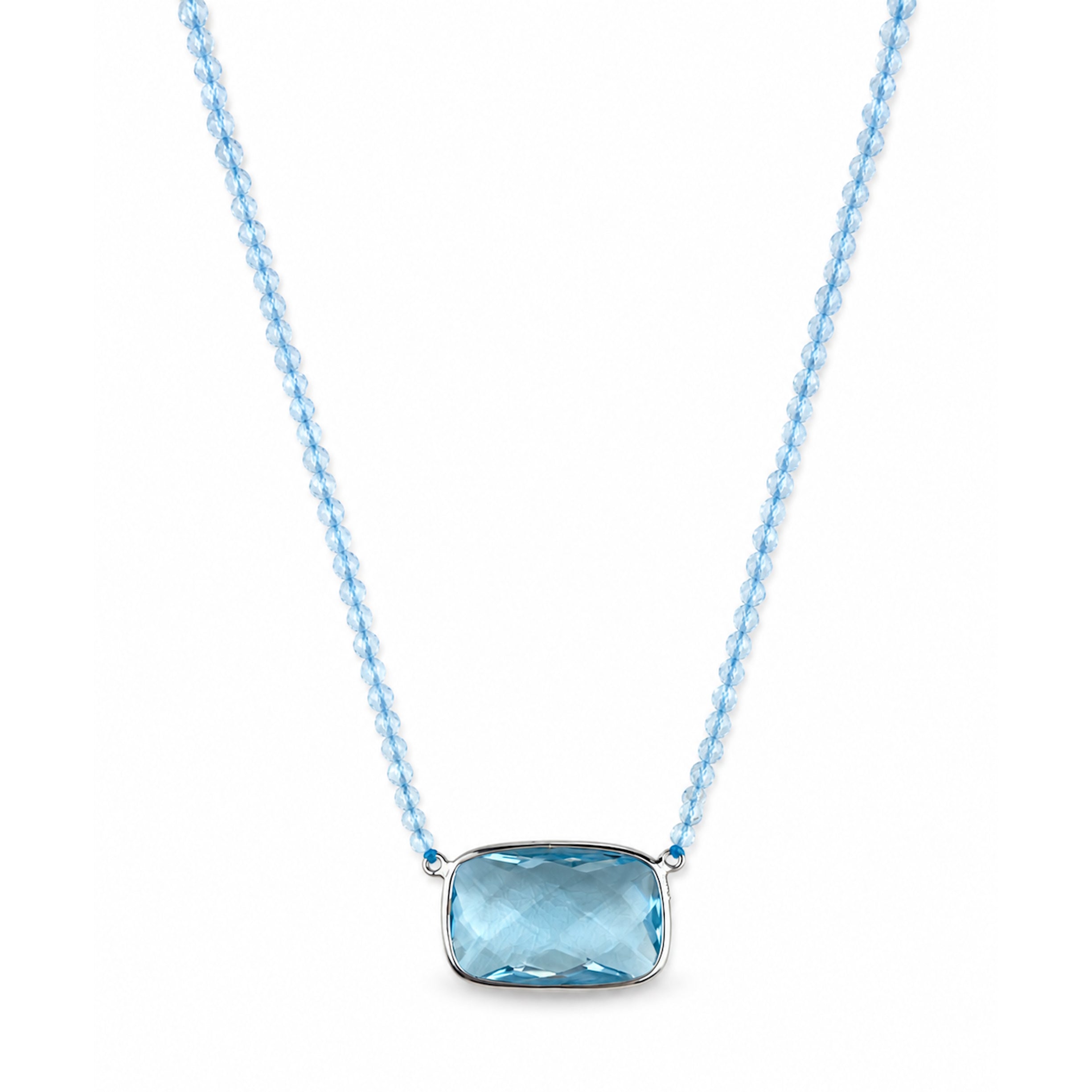 14k White Gold Blue Topaz with Cushion Center Necklace