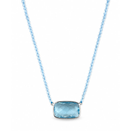 14k White Gold Blue Topaz with Cushion Center Necklace