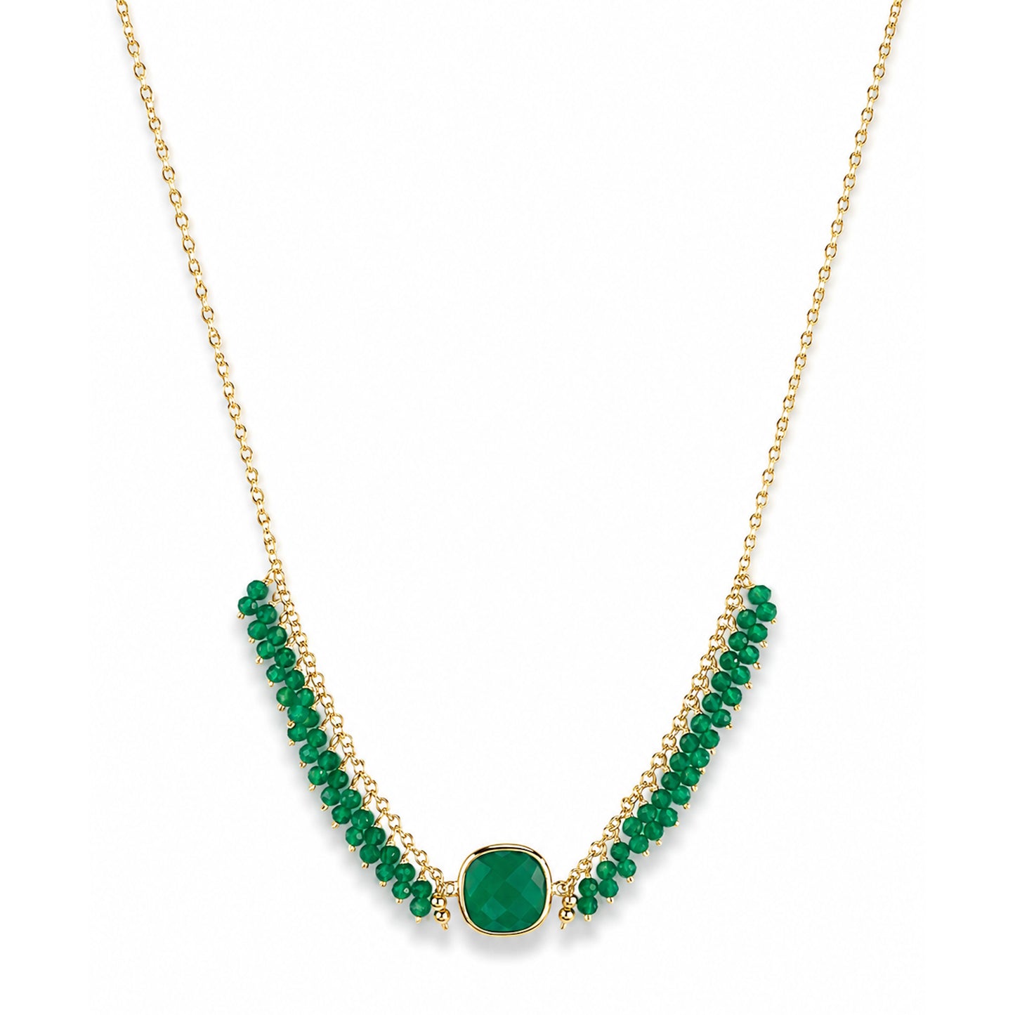 14k Green Onyx Cushion Center Cluster Necklace