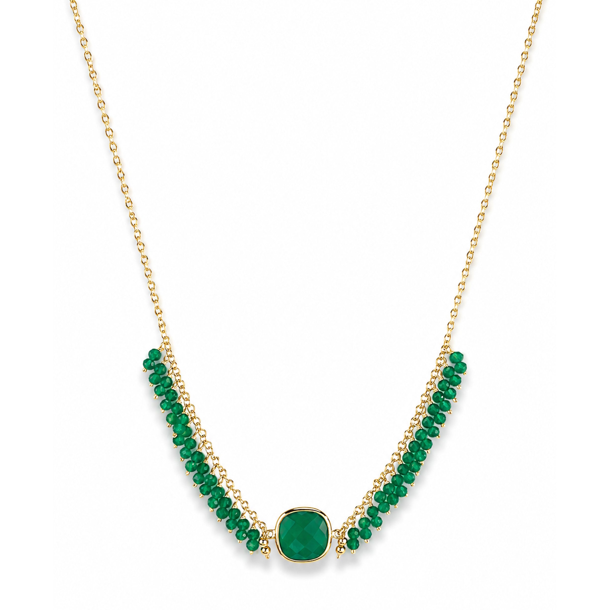 14k Green Onyx Cushion Center Cluster Necklace