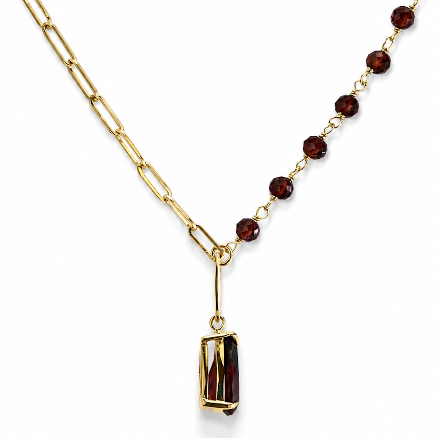 14k Garnet Paperclip Pear Shape Pendant Necklace