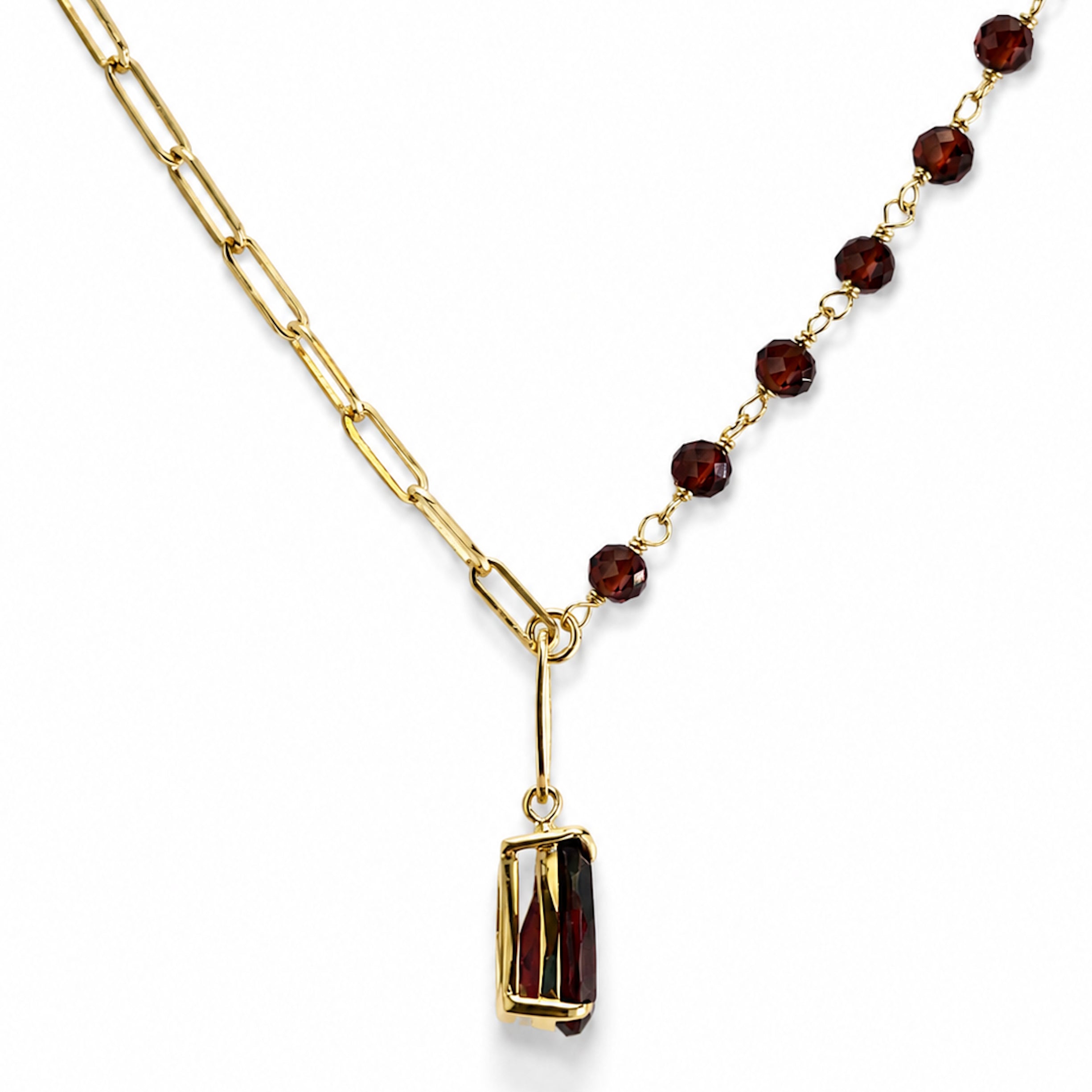 14k Garnet Paperclip Pear Shape Pendant Necklace