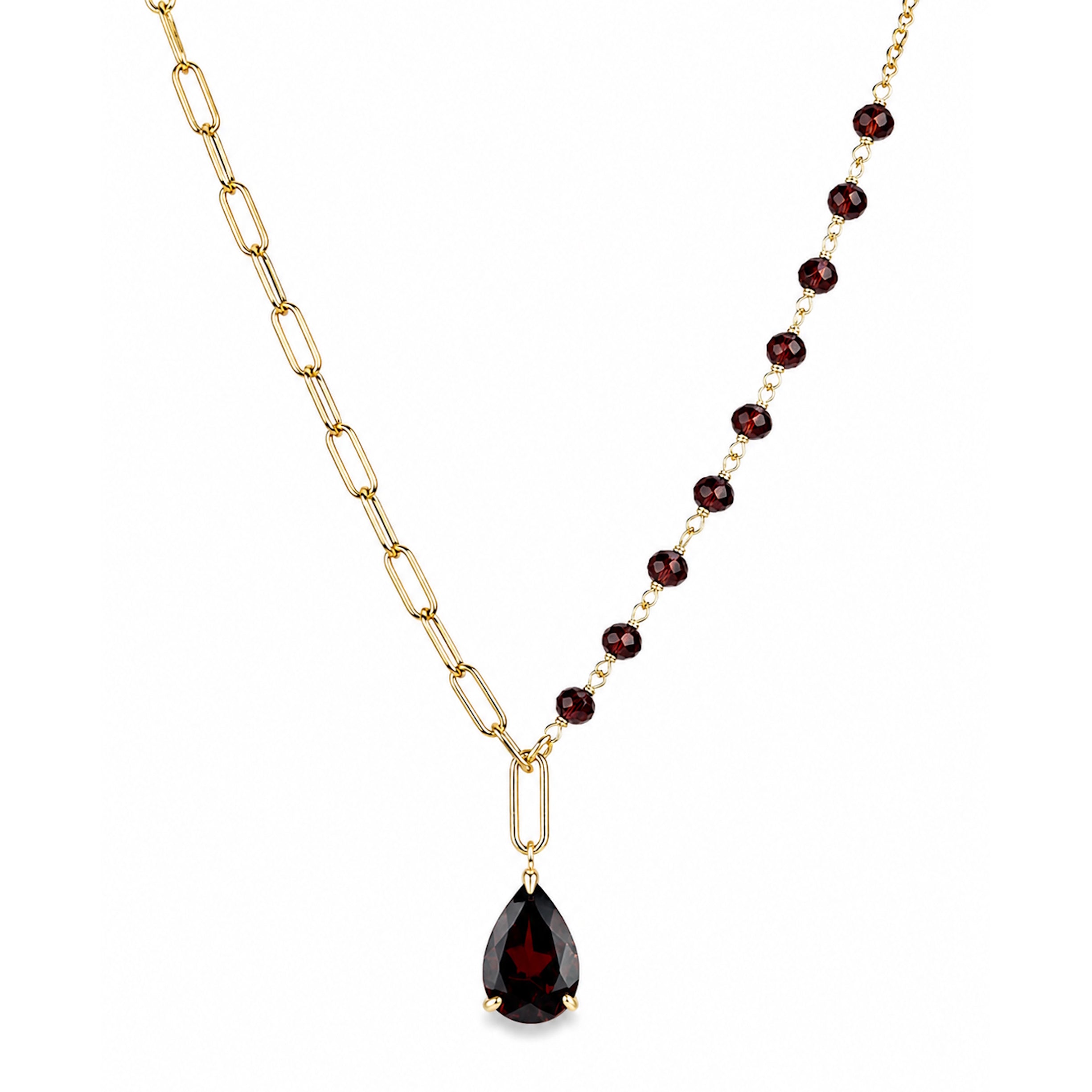 14k Garnet Paperclip Pear Shape Pendant Necklace