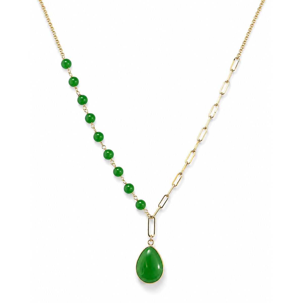 14k Green Jade Paperclip Pear Shape Pendant Necklace