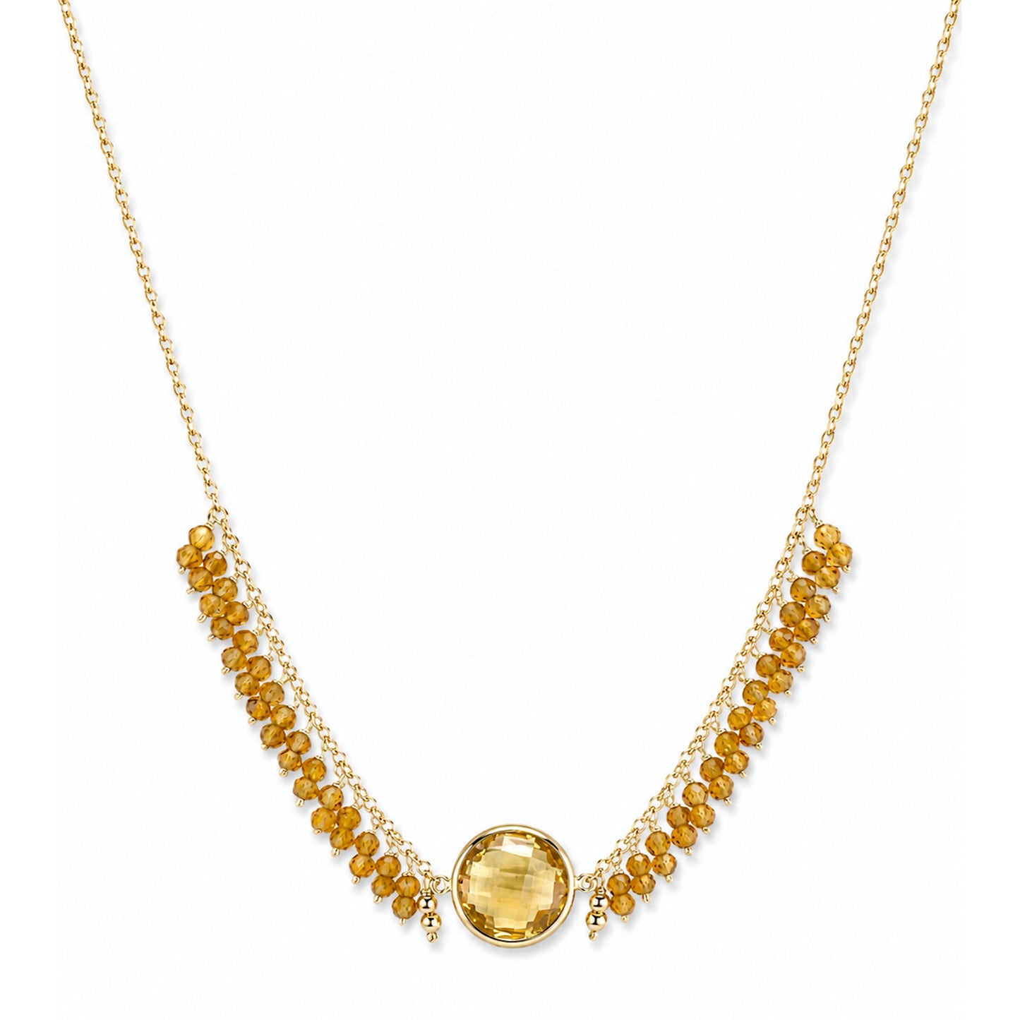 14k Citrine Round Bezel Center Cluster Necklace