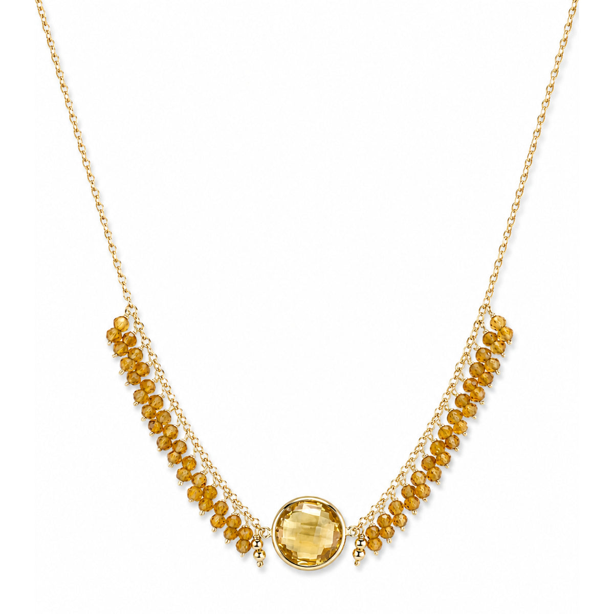 14k Citrine Round Bezel Center Cluster Necklace