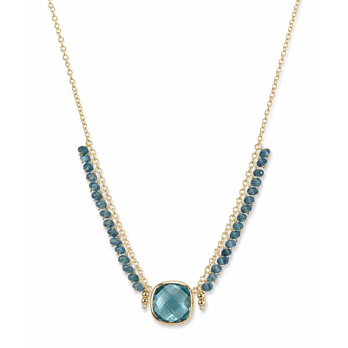 14k Sky / London Blue Topaz Cushion Center Cluster Necklace