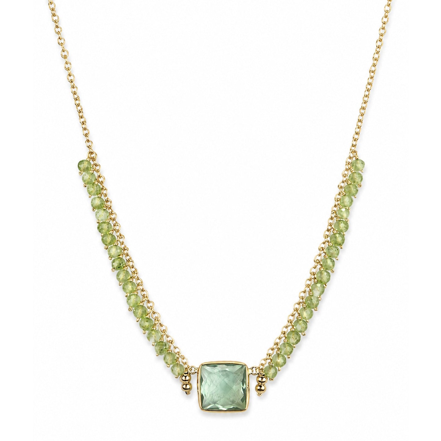 14k Green Amethyst & Peridot Square Bezel Center Cluster Necklace
