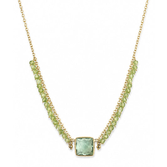 14k Green Amethyst & Peridot Square Bezel Center Cluster Necklace