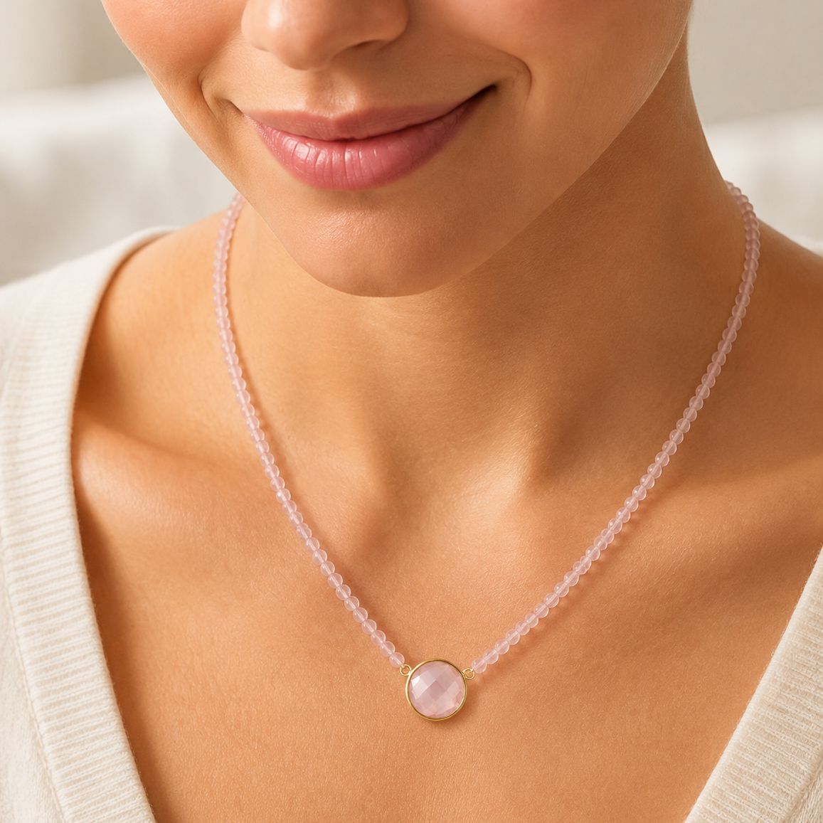 14k Rose Quartz with Round Bezel Center Necklace