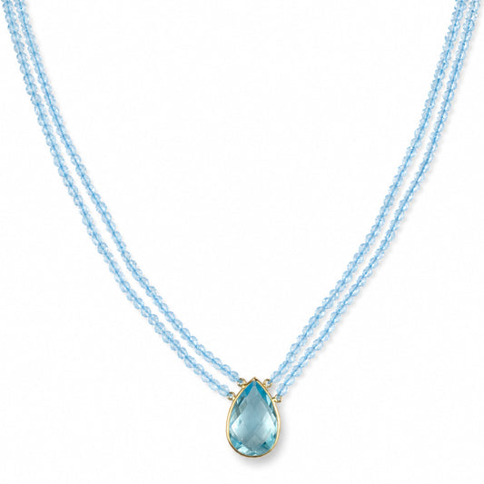 14k Blue Topaz Shape Center 2 Row Necklace
