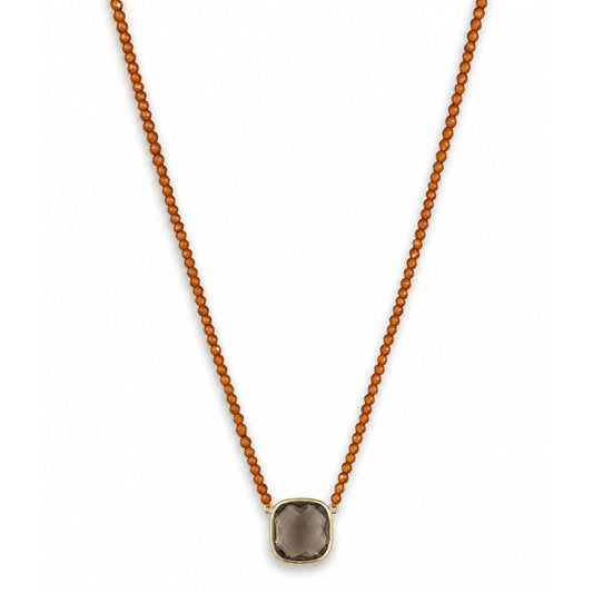 14k Yellow Garnet Smoky Quartz Cushion Center Necklace