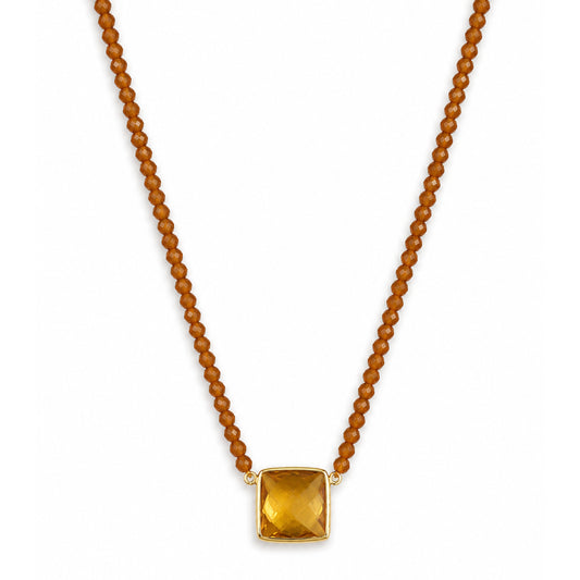 14k Yellow Garnet with Citrine Square Center Necklace