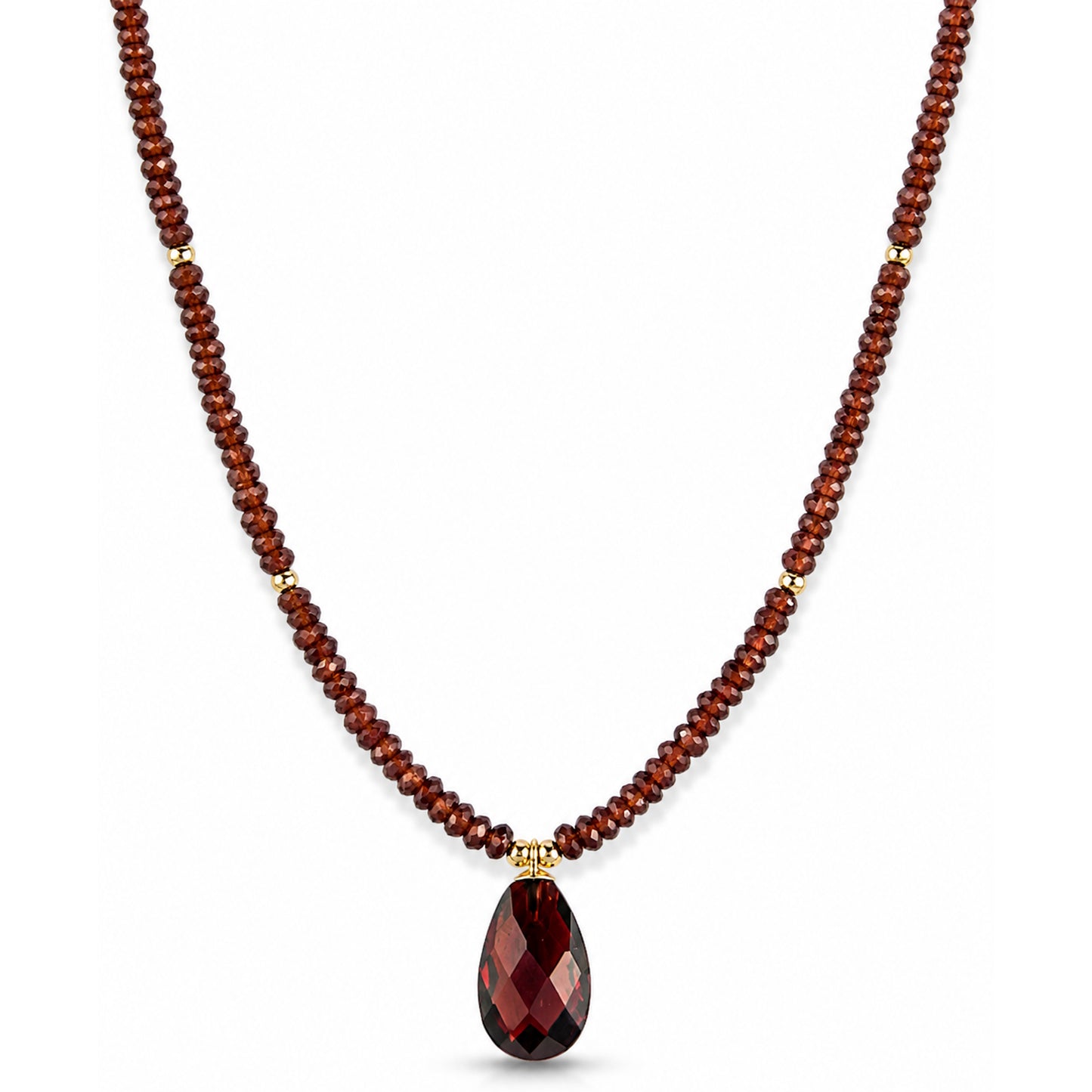 14k Garnet Gold Ball with Flat Pear Shape Pendant Necklace