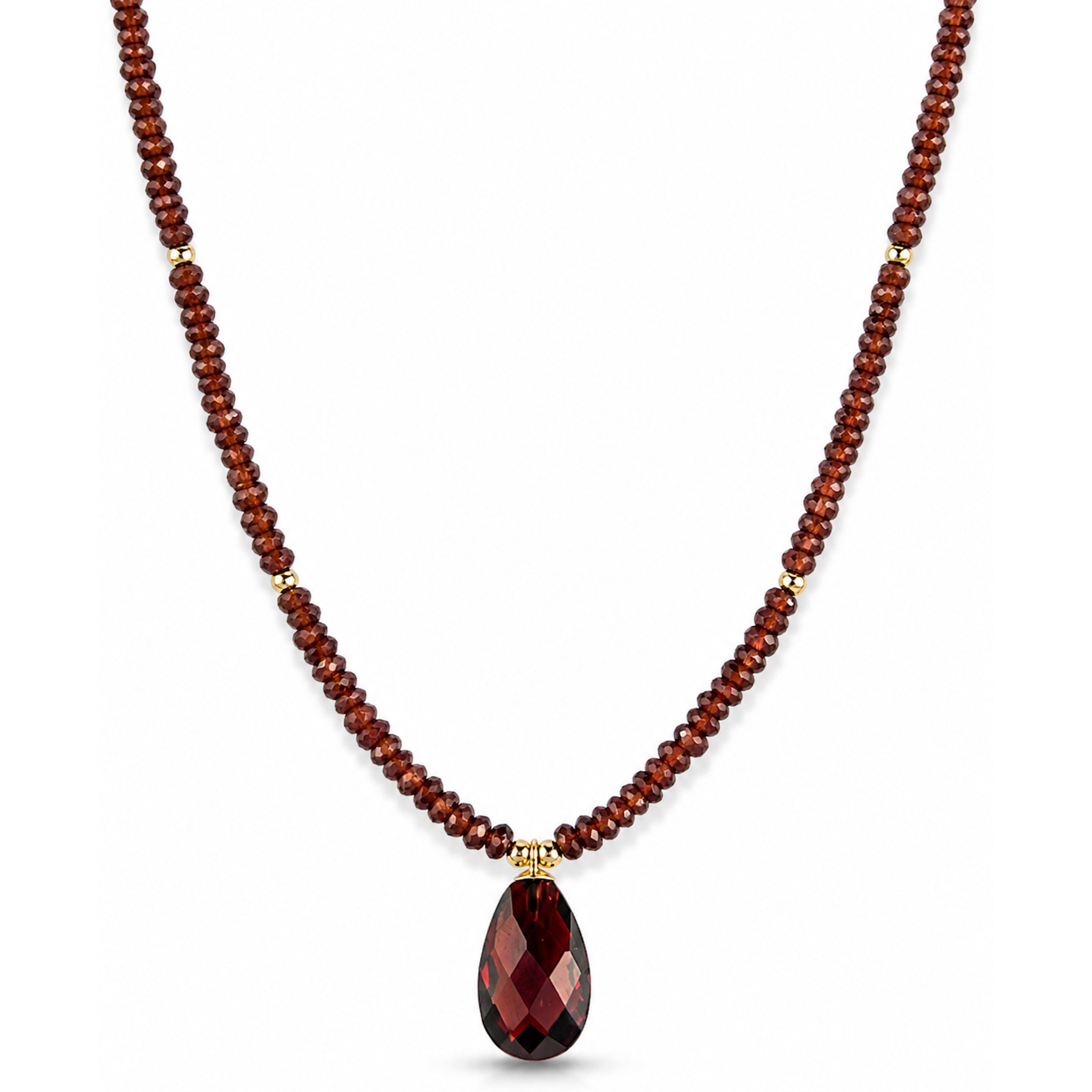 14k Garnet Gold Ball with Flat Pear Shape Pendant Necklace