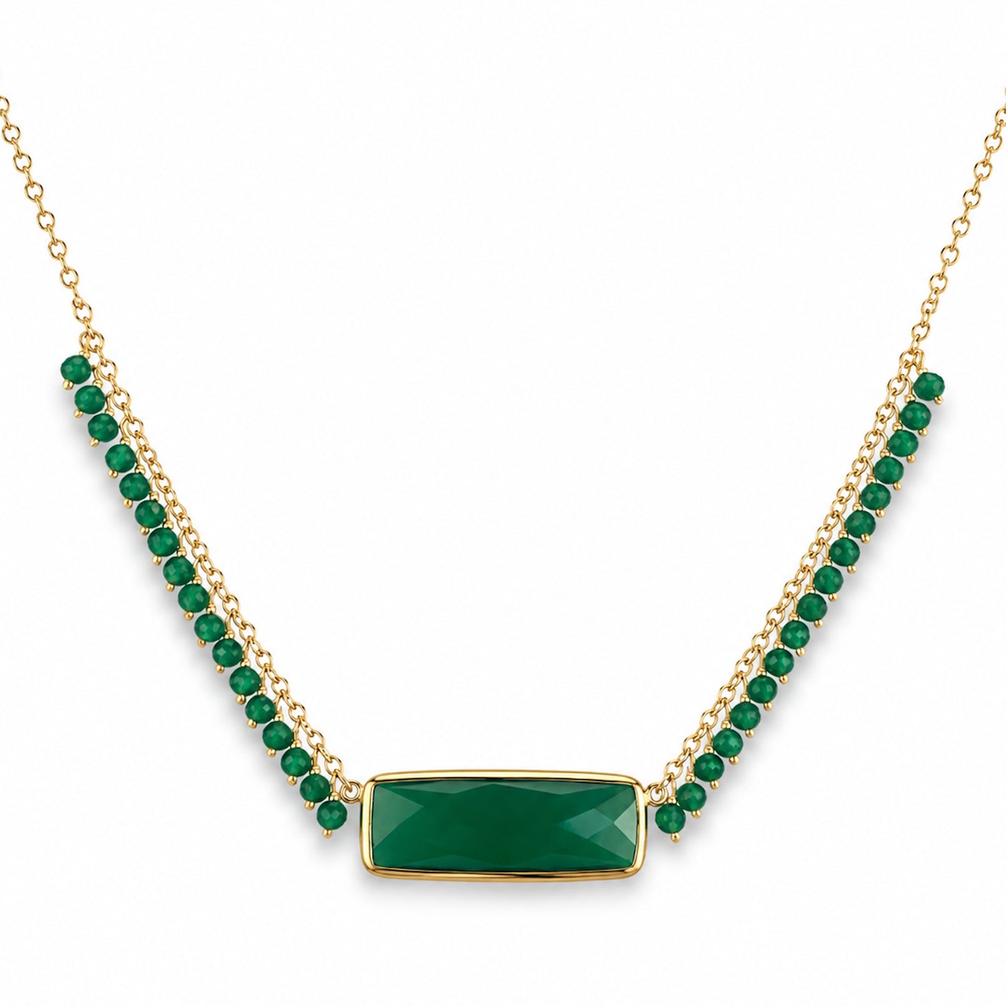 14k Green Onyx Rectangle Shape Center Cluster Necklace
