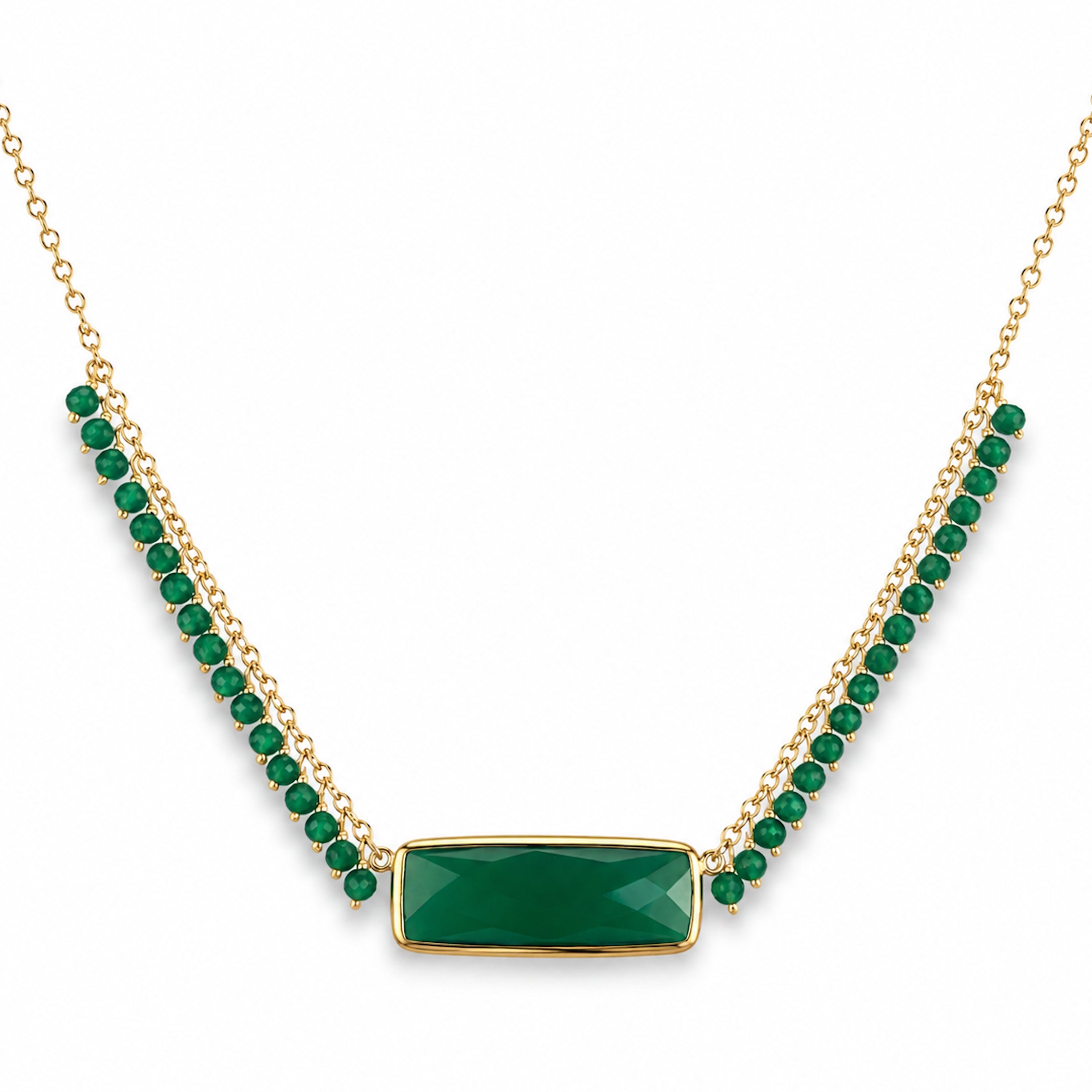 14k Green Onyx Rectangle Shape Center Cluster Necklace