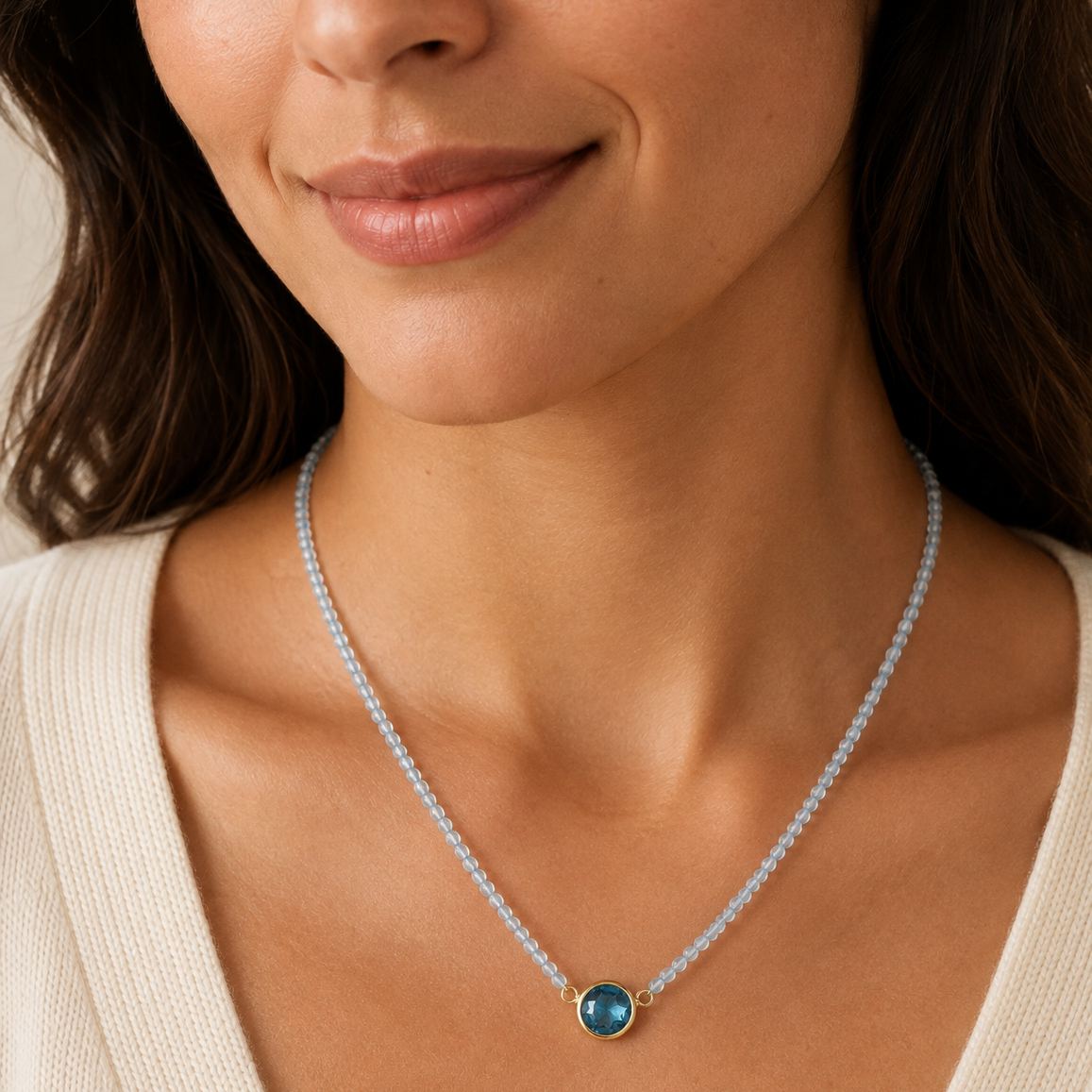 14k Multistones & Swiss Blue Topaz Round Bezel Center Necklace