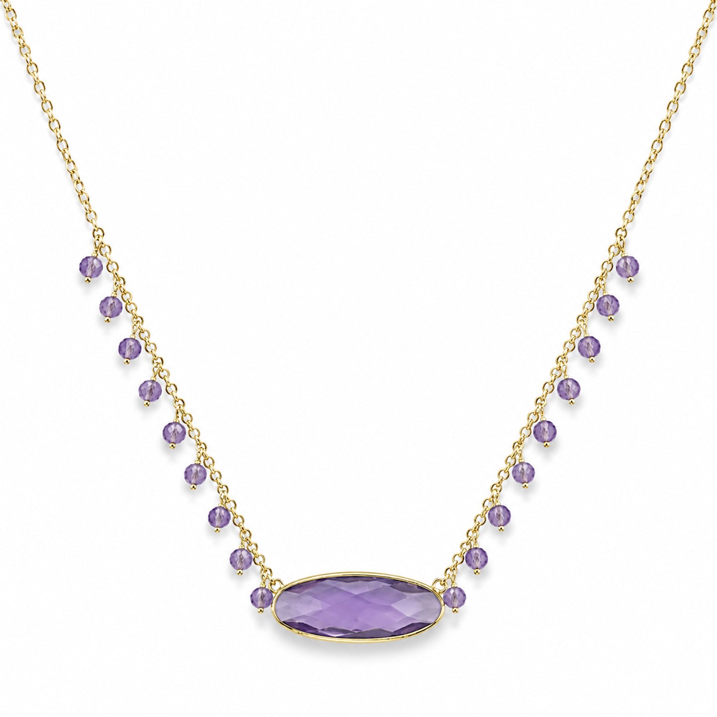 14k Pink Amethyst & Amethyst Oval Bezel Center Cluster Necklace