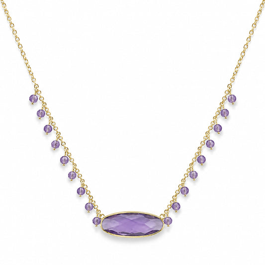 14k Pink Amethyst & Amethyst Oval Bezel Center Cluster Necklace