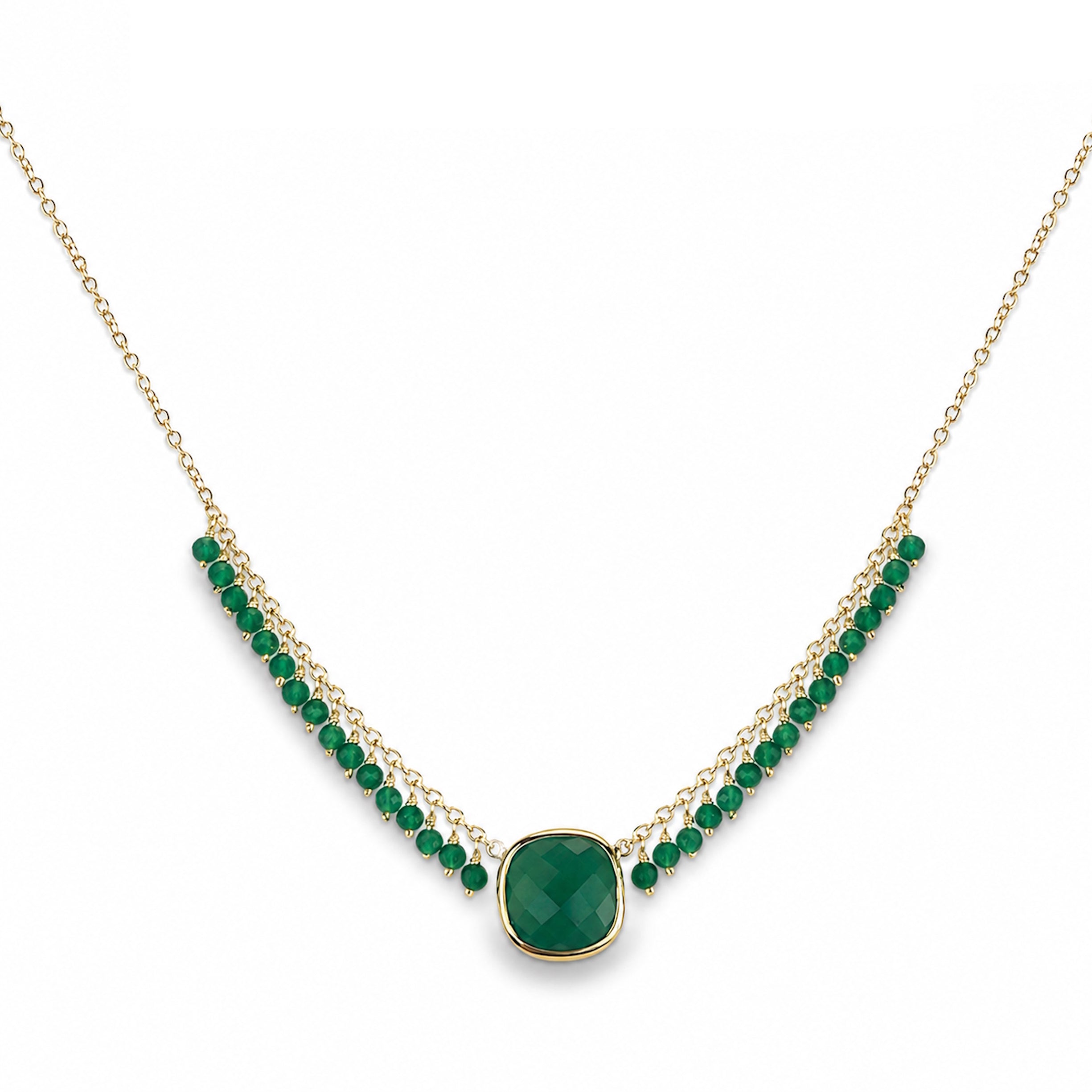 14k Green Onyx Cushion Bezel Center Cluster Necklace