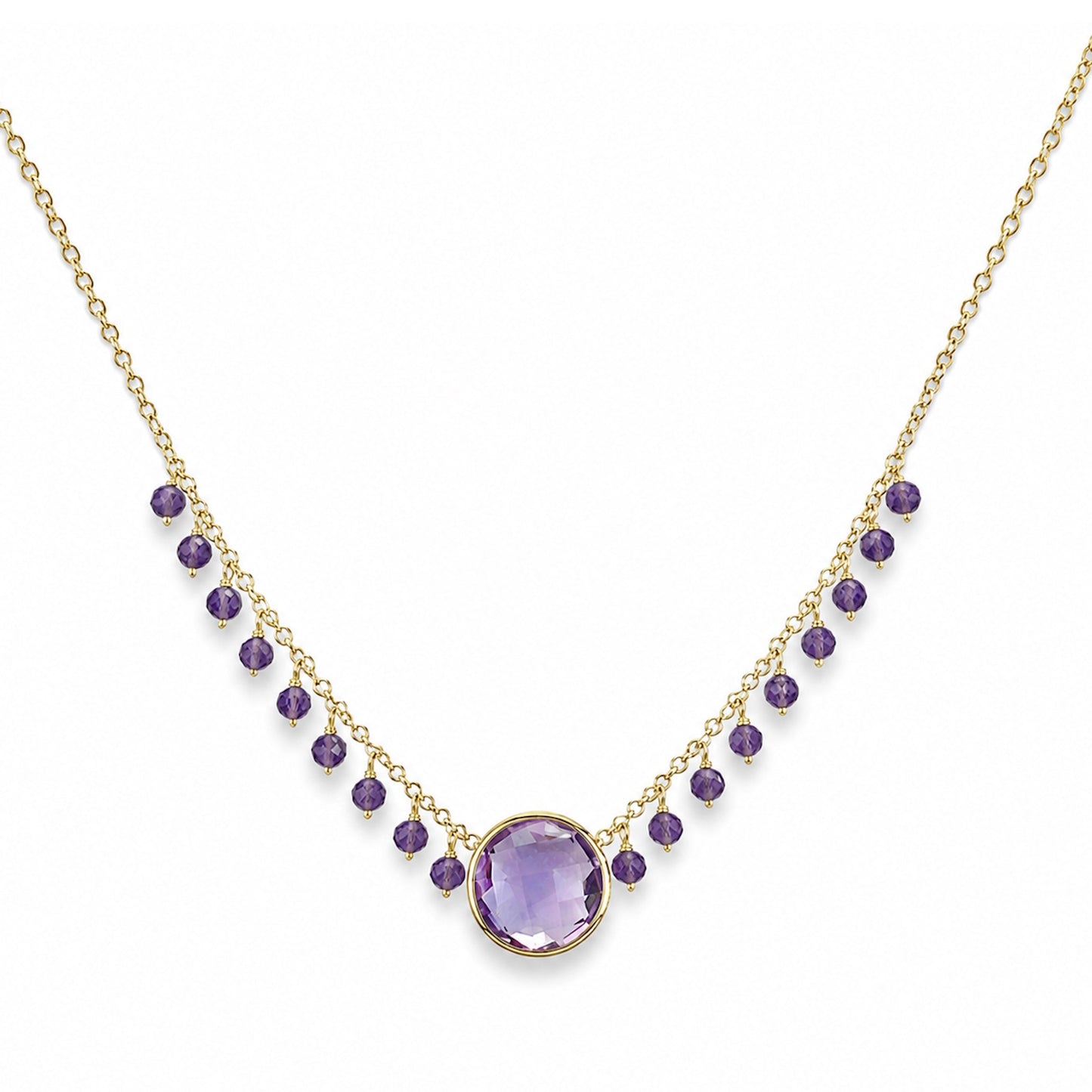 14k Amethyst & Pink Amethyst Round Bezel Center Cluster Necklace