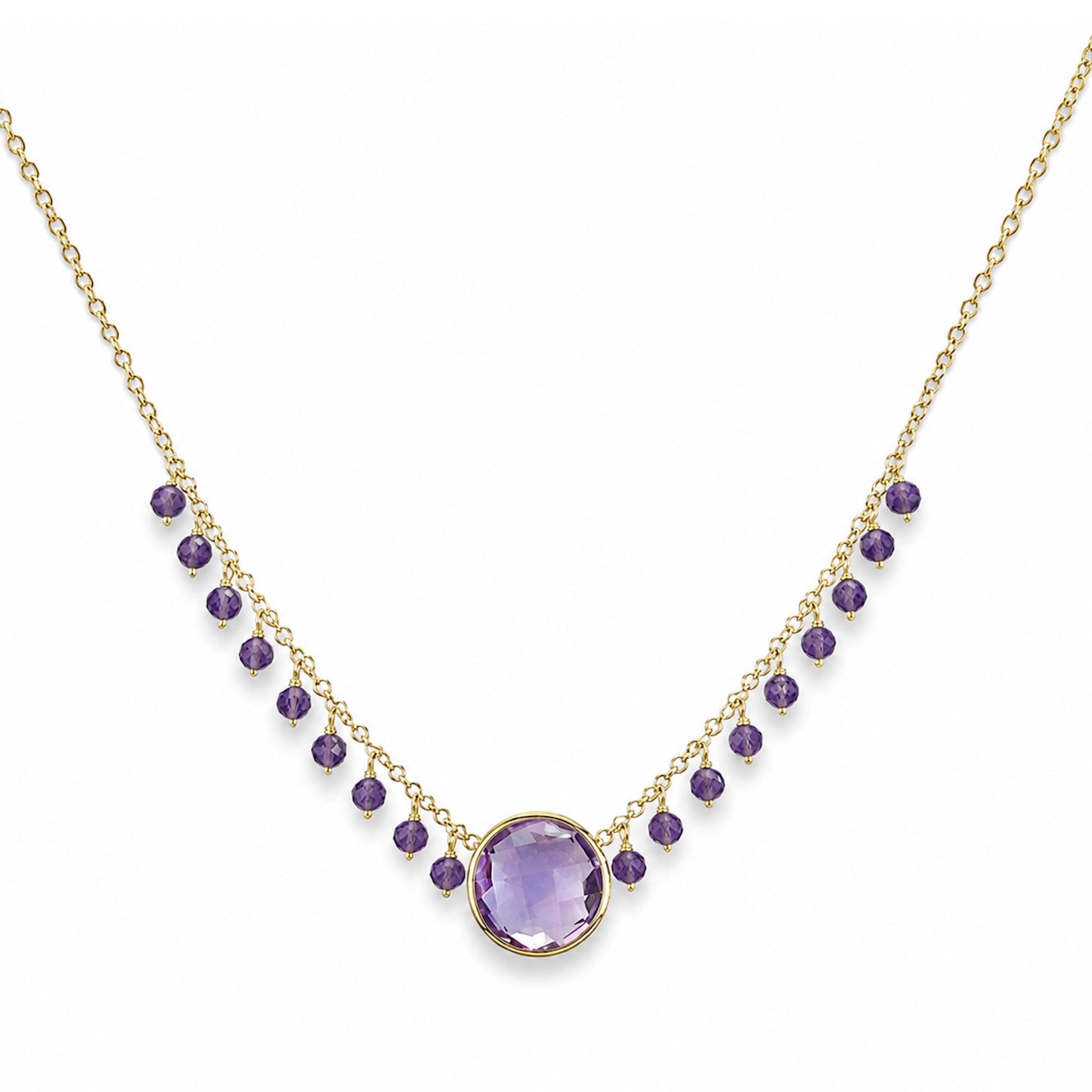14k Amethyst & Pink Amethyst Round Bezel Center Cluster Necklace