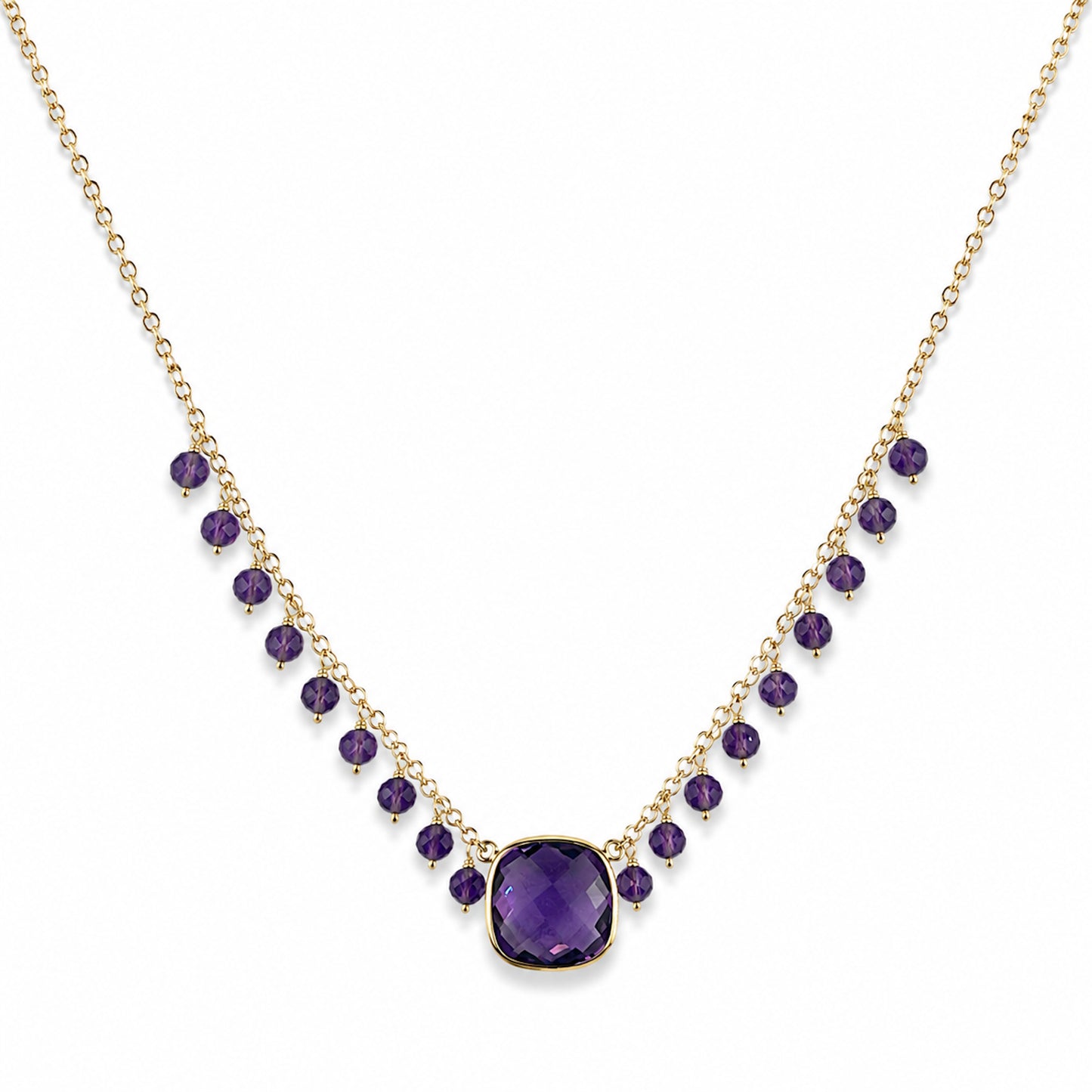 14k Amethyst Cushion Center Cluster Necklace