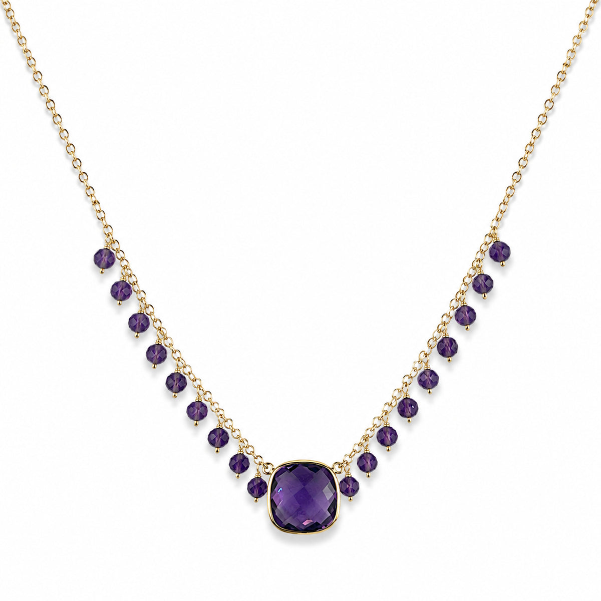 14k Amethyst Cushion Center Cluster Necklace