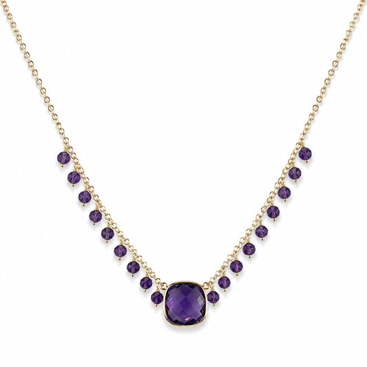 14k Amethyst Cushion Center Cluster Necklace