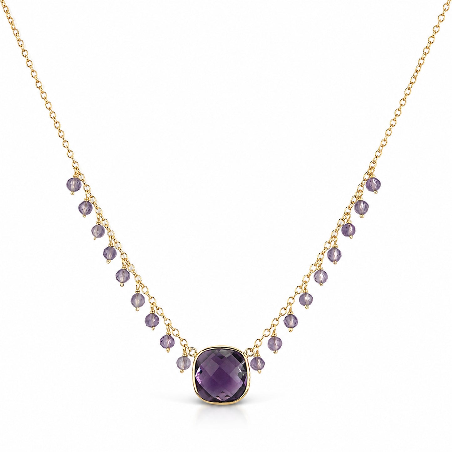 14k Pink Amethyst with Amethyst Cushion Center Cluster Necklace
