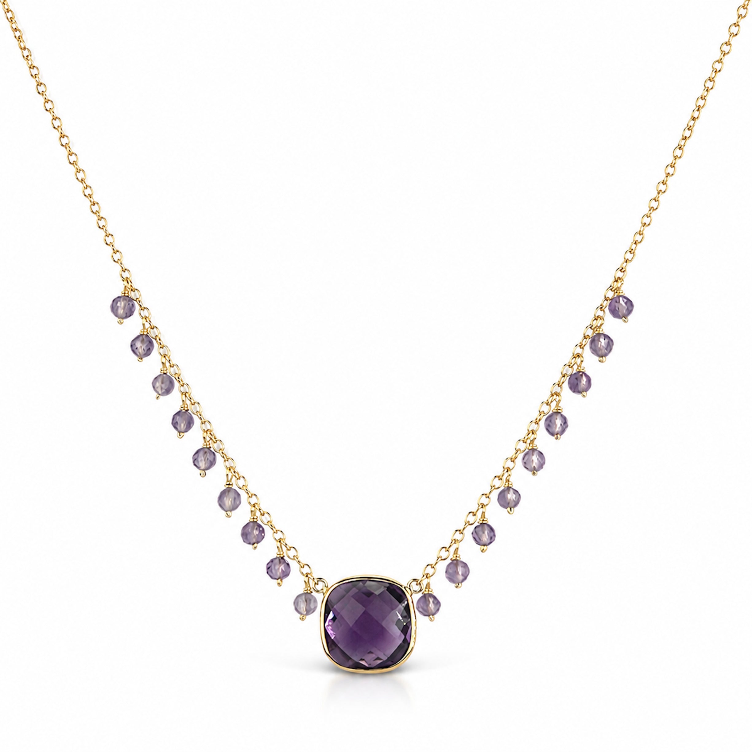 14k Pink Amethyst with Amethyst Cushion Center Cluster Necklace
