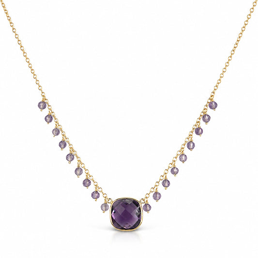 14k Pink Amethyst with Amethyst Cushion Center Cluster Necklace