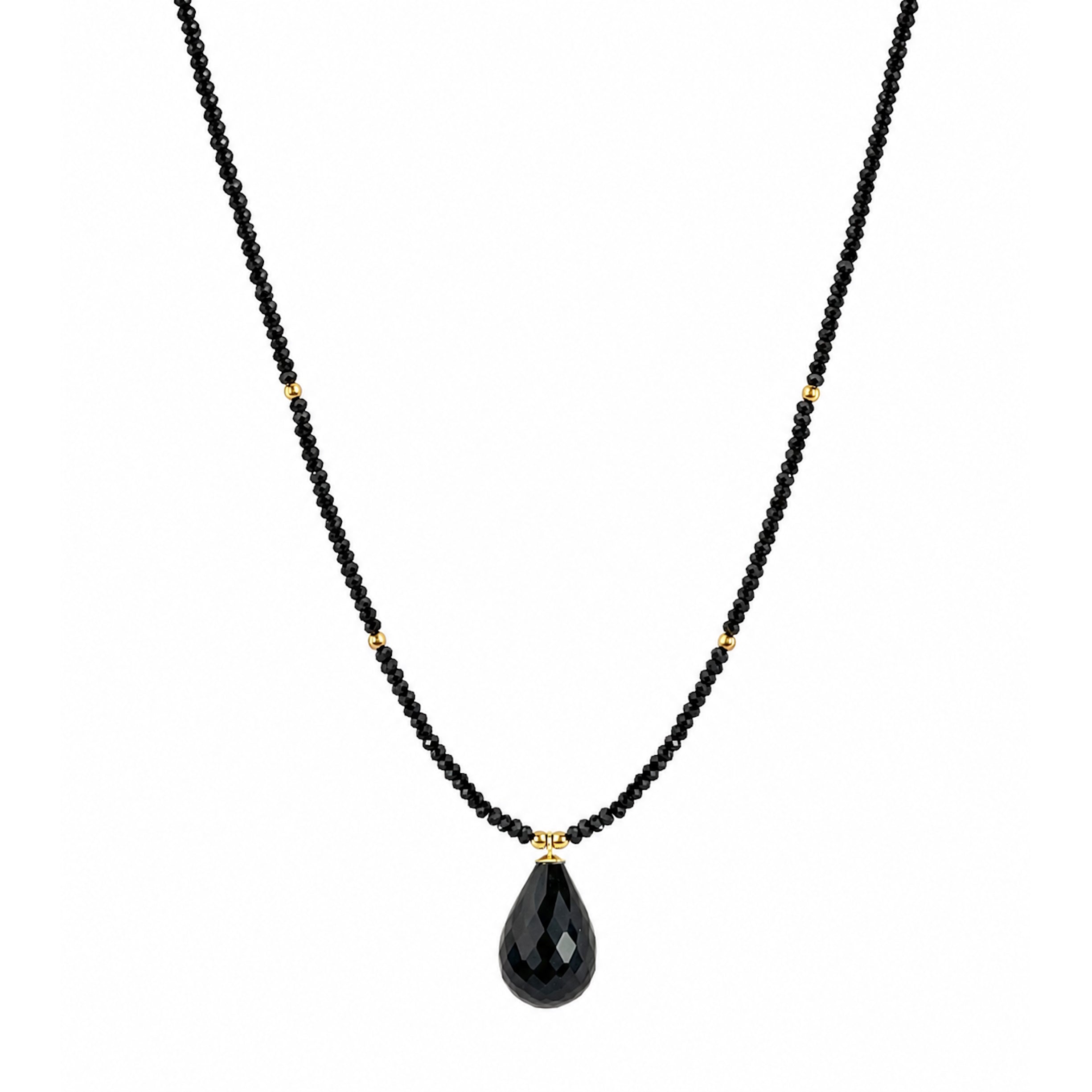 14k Black Spinel Gold Ball & Black Onyx Drop Pendant Necklace