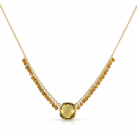 14k Citrine Cushion Bezel Center Cluster Necklace