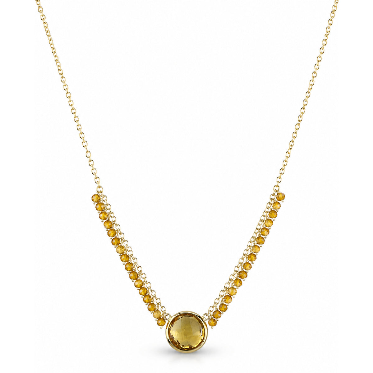 14k Citrine Round Bezel Center Cluster Necklace
