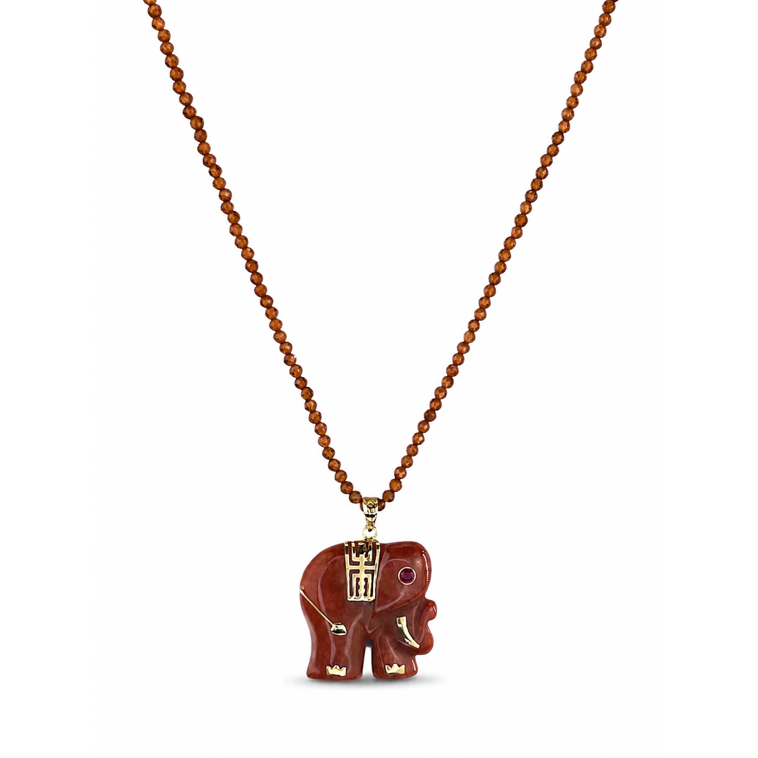 14k Yellow Garnet & Red Jade Elephant Pendant Necklace