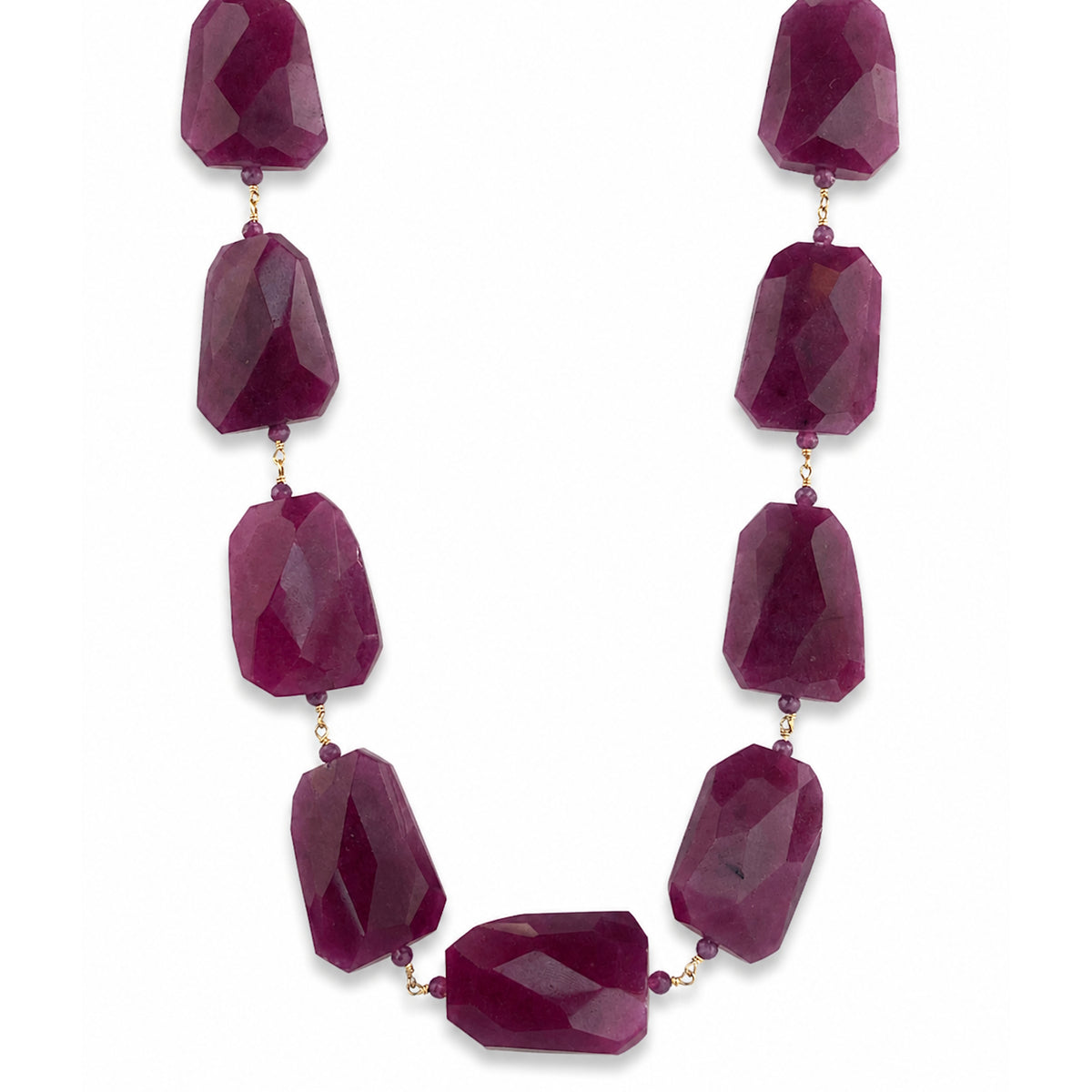 14k Dyed Ruby Faceted Nugget Link Necklace
