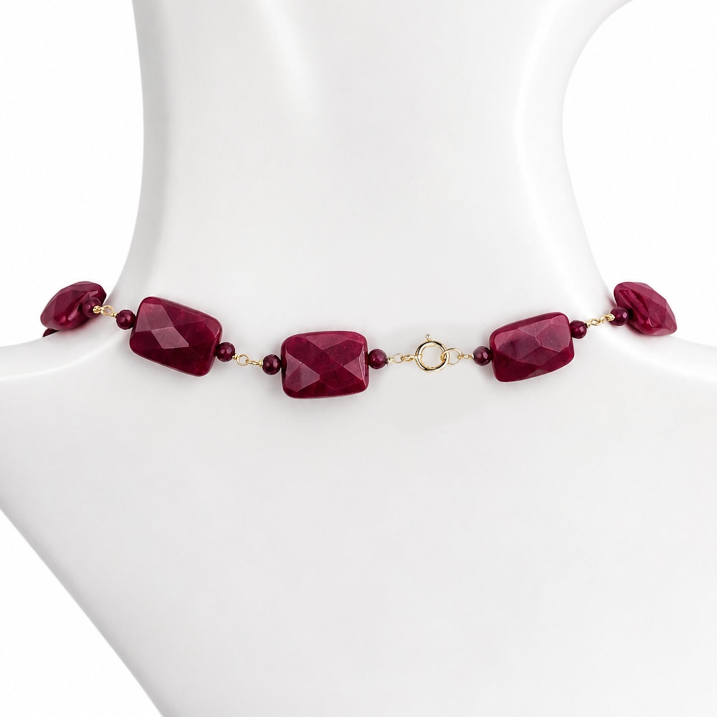 14k Dyed Ruby Faceted Rectangular/Round Link Necklace
