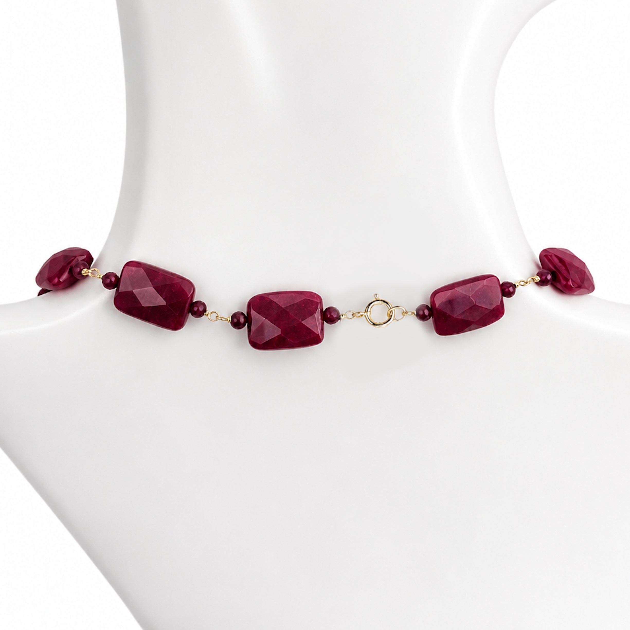 14k Dyed Ruby Faceted Rectangular/Round Link Necklace