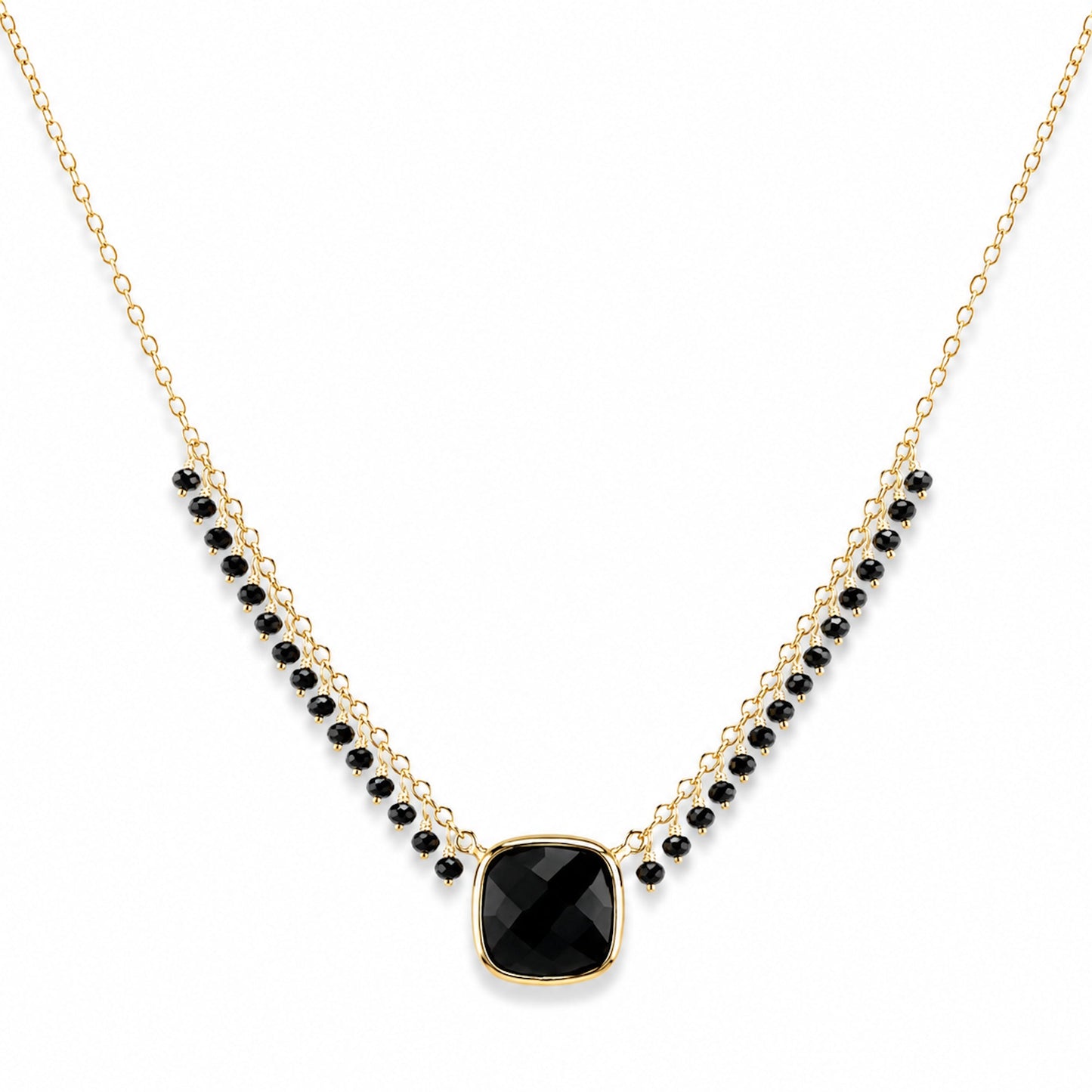 14k Black Spinel & Black Onyx Cushion Center Cluster Necklace