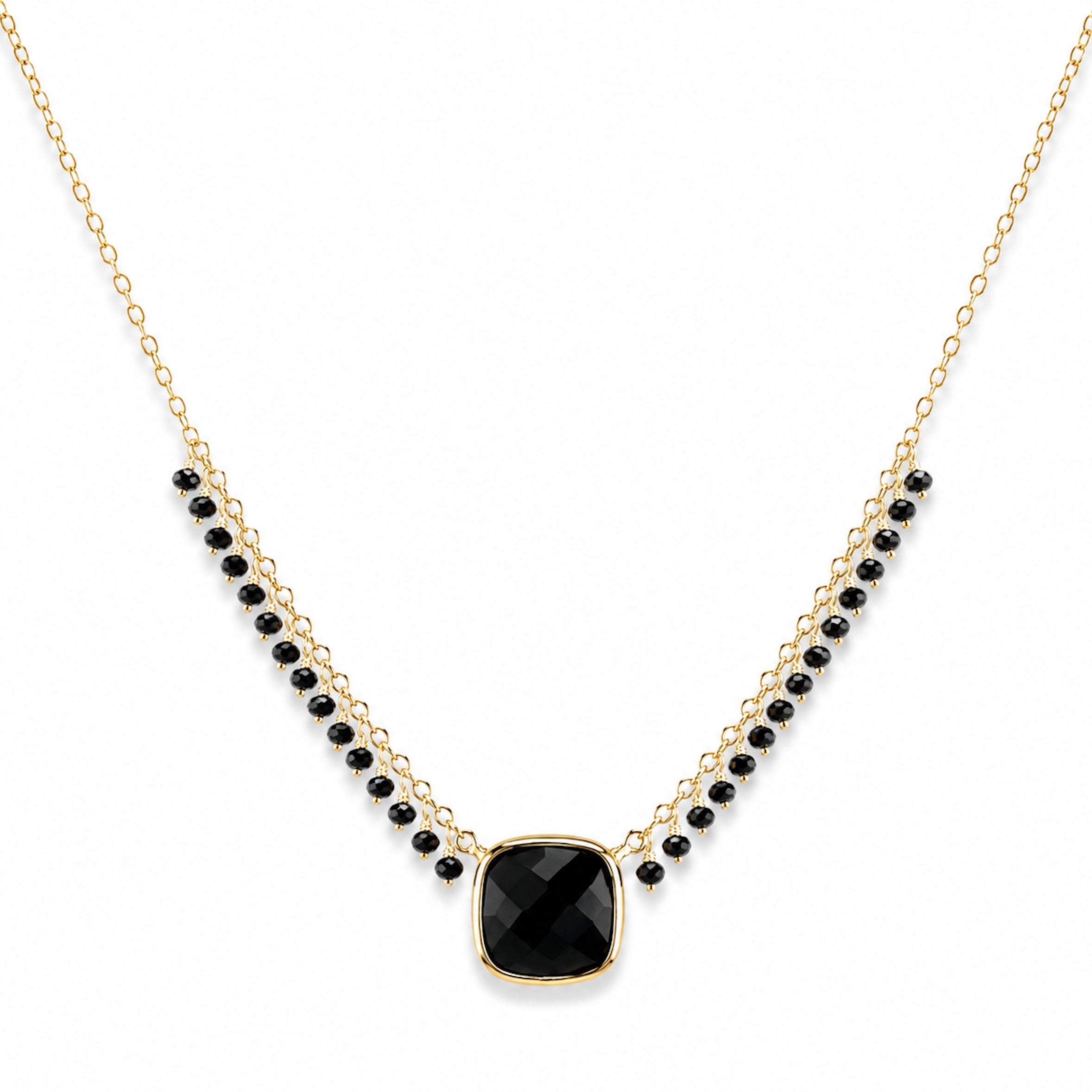 14k Black Spinel & Black Onyx Cushion Center Cluster Necklace